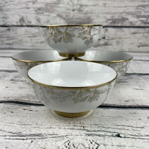 (4) Ciroa Luxe "Oak Leaves" Gold Porcelain Dessert Bowls ~ 4.5"‎ Porcelain